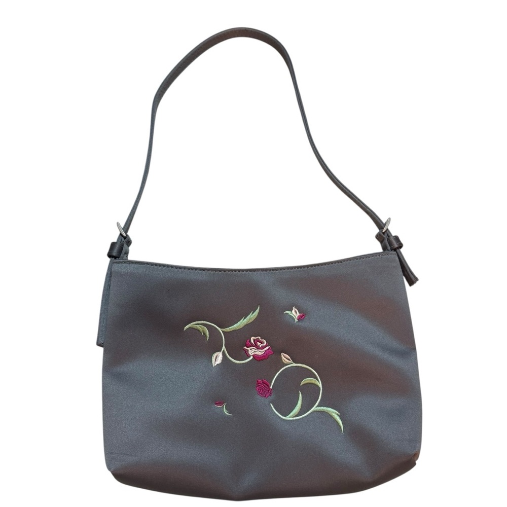 Esprit de Corp embroidered rose shoulder bag gray satin  Y2K minimalist boho
